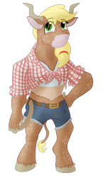 Size: 2520x4252 | Tagged: safe, artist:sixes&sevens, applejack, minotaur, anthro, g4, barbarian, barbarianjack, clothes, daisy dukes, dungeons and dragons, female, freckles, horns, lasso, pen and paper rpg, rope, rpg, shorts, simple background, solo, species swap, transparent background