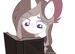 Size: 2219x1600 | Tagged: safe, artist:losyara, oc, oc only, oc:goth mocha, pony, unicorn, book, bow, clothes, female, freckles, hair bow, mare, raised eyebrow, reading, simple background, skull, solo, sweater, transparent background, ych result