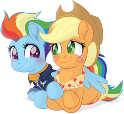 Size: 2010x1854 | Tagged: safe, artist:knadire, applejack, rainbow dash, earth pony, pegasus, pony, g4, alternate hairstyle, alternate style, applejack's hat, blushing, clothes, contest entry, couple, cowboy hat, crossed hooves, cute, female, granny smith's shawl, hair bun, hat, holding hooves, holiday, hug, lesbian, mare, older, older applejack, older rainbow dash, shawl, ship:appledash, shipping, simple background, smiling, transparent background, valentine's day, wing hold, winghug