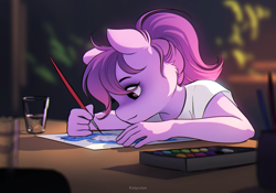 Size: 2362x1654 | Tagged: safe, artist:katputze, oc, oc only, oc:share dast, earth pony, anthro, anthro oc, art, artwork, clothes, concentrating, desk, ear fluff, glass of water, looking at something, paint, paintbrush, painting, paper, shadow, shirt, solo, t-shirt, watercolor painting, working
