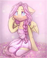 Size: 2000x2500 | Tagged: safe, artist:zefirka, fluttershy, pegasus, semi-anthro, alternate hairstyle, blushing, braid, clothes, cute, dress, female, fluffy, mare, shyabetes, sitting, solo, stockings, thigh highs
