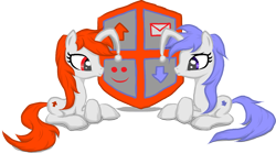 Size: 1241x691 | Tagged: safe, oc, oc:discentia, oc:karma, pony, unicorn, cutie mark, downvote, duo, female, mail, mare, ponified, reddit, shield, simple background, sitting, smiley face, transparent background, upvote, vector