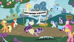 Size: 1192x670 | Tagged: safe, artist:scotch208, applejack, berry punch, berryshine, bon bon, cherry berry, fluttershy, lyra heartstrings, pinkie pie, rainbow dash, rarity, sweetie drops, twilight sparkle, oc, oc:discentia, oc:karma, earth pony, pegasus, pony, unicorn, g4, artifact, banner, birthday cake, cake, celebration, cutie mark, do the sparkle, downvote, female, flower, food, happy birthday, mane six, mare, party cannon, ponified, rake, reddit, ribbon, unicorn twilight, upvote, vector, we couldn't fit it all in