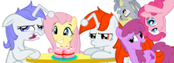 Size: 900x327 | Tagged: safe, artist:scotch208, berry punch, berryshine, derpy hooves, fluttershy, pinkie pie, oc, oc:discentia, oc:karma, earth pony, pegasus, pony, unicorn, g4, cake, cutie mark, duo, female, food, mare, ponified, reddit, simple background, sitting, squee, table, transparent background, ugh, upside down, vector
