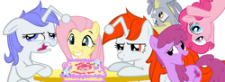 Size: 900x327 | Tagged: safe, artist:scotch208, edit, berry punch, berryshine, derpy hooves, fluttershy, pinkie pie, oc, oc:discentia, oc:karma, earth pony, pegasus, pony, unicorn, g4, birthday cake, cake, cutie mark, duo, female, food, mare, ponified, reddit, simple background, sitting, squee, table, transparent background, ugh, upside down, vector