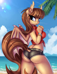 Size: 2360x3056 | Tagged: safe, artist:lightly-san, oc, oc only, oc:lunette, bat pony, anthro, anthro oc, bat pony oc, beach, clothes, ear fluff, ear tufts, female, front knot midriff, high res, looking at you, looking back, looking back at you, mare, midriff, shorts, solo, tail, tail hole