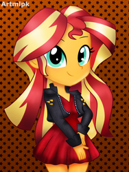 Size: 1800x2400 | Tagged: safe, artist:artmlpk, sunset shimmer, equestria girls, g4, blushing, clothes, cute, design, digital art, dress, female, jacket, leather jacket, looking at you, outfit, red dress, shimmerbetes, smiling at you, solo