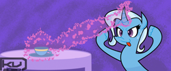 Size: 2484x1040 | Tagged: safe, artist:kvdude13, trixie, g4, cup, female, magic, mare, sweat, teacup, that pony sure does love teacups, tongue out