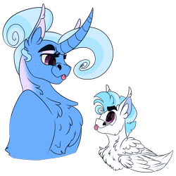 Size: 2700x2700 | Tagged: safe, artist:joleneforsgren, trixie, oc, g4, chest fluff, colt, curved horn, female, headcanon, high res, horn, implied terramar, male, mother and child, mother and son, offspring, parent:trixie, simple background, tongue out, transparent background