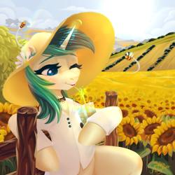 Size: 1000x1000 | Tagged: safe, artist:ariamidnighters, oc, oc only, oc:spring starflower, bee, insect, pony, unicorn, bipedal, bipedal leaning, choker, clothes, commission, cottagecore, cute, drink, drinking, drinking straw, field, flower, hat, leaning, one eye closed, shirt, solo, sun hat, sunflower, trans female, transgender, ych result