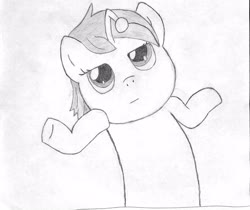 Size: 2550x2146 | Tagged: safe, artist:beerpony, oc, oc only, oc:apathia, pony, unicorn, black and white, deadpan, female, grayscale, high res, mare, monochrome, reddit, shrug, shrugpony, simple background, traditional art