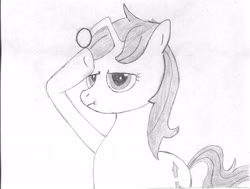 Size: 2557x1934 | Tagged: safe, artist:beerpony, oc, oc only, oc:apathia, pony, unicorn, black and white, deadpan, female, grayscale, mare, monochrome, rainbow dash salutes, reddit, salute, simple background, traditional art