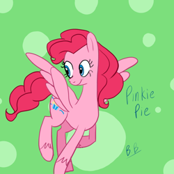 Size: 800x800 | Tagged: safe, artist:bobi200, pinkie pie, pegasus, pony, g4, female, g5 concept leak style, g5 concept leaks, pegasus pinkie pie, pinkie pie (g5 concept leak), race swap, redesign, simple background, smiling, solo, spread wings, wings