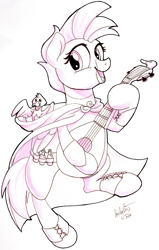 Size: 1944x3048 | Tagged: safe, artist:keylime creations, oc, oc:dolan, oc:duk, bird, duck, duck pony, hybrid, pegasus, pony, ponyfinder, bard, cute, dungeons and dragons, familiar, fantasy class, lute, musical instrument, pen and paper rpg, pony hybrid, potions, quack, rpg, traditional art