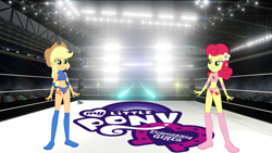 Size: 4000x2250 | Tagged: safe, artist:cloudy glow, artist:marcusvanngriffin, applejack, strawberry sunrise, equestria girls, g4, applejack's hat, bedroom eyes, belly button, boots, clothes, cowboy hat, cutie mark on human, elbow pads, equestria girls logo, equestria girls-ified, female, flower, flower in hair, freckles, grin, hat, midriff, shoes, shorts, smiling, sports, sports bra, sports shorts, tattoo, wrestler, wrestling, wrestling ring