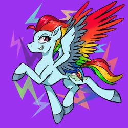 Size: 1080x1080 | Tagged: safe, artist:starcrate_, rainbow dash, pegasus, pony, g4, badass, colored wings, female, g5 concept leak style, g5 concept leaks, hooves, looking back, mare, multicolored wings, rainbow dash (g5 concept leak), rainbow wings, raised hoof, redesign, simple background, smiling, smirk, solo, wings