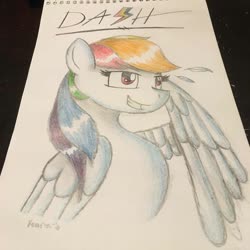 Size: 1080x1080 | Tagged: safe, artist:starcrate_, rainbow dash, pegasus, pony, g4, bust, feather, female, mare, simple background, smiling, solo, traditional art, wings