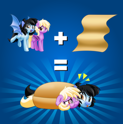 Size: 5000x5014 | Tagged: safe, artist:jhayarr23, oc, oc only, oc:mitzy, oc:pinkfull night, bat pony, pony, batburrito, blanket, blanket burrito, blushing, cute, duo, equation, fangs, female, floppy ears, glasses, looking at each other, looking at you, mare, show accurate, shy, silly, simple background, spread wings, teenager, wings