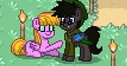 Size: 320x167 | Tagged: safe, artist:omegapony16, oc, oc only, bat pony, pegasus, pony, pony town, bat pony oc, clothes, duo, female, glasses, hat, male, mare, pegasus oc, pixel art, prone, smiling, stallion, torch, wings