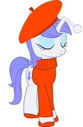 Size: 1000x1529 | Tagged: safe, artist:cool77778, oc, oc only, oc:discentia, pony, unicorn, beret, clothes, cutie mark, downvote, eyes closed, eyeshadow, female, french, hat, makeup, mare, reddit, shoes, simple background, solo, sweater, transparent background, vector