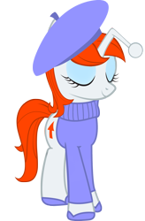 Size: 1000x1529 | Tagged: safe, artist:cool77778, oc, oc only, oc:karma, pony, unicorn, beret, clothes, cutie mark, eyes closed, eyeshadow, female, french, hat, makeup, mare, reddit, shoes, simple background, solo, sweater, transparent background, upvote, vector