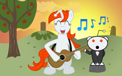 Size: 2048x1284 | Tagged: safe, artist:masterkid1230, edit, oc, oc:karma, pony, unicorn, ^^, apple, apple tree, conducting, conductor, dalek, doctor who, eyes closed, female, guitar, mare, music notes, musical instrument, ponified, reddit, simple background, singing, sitting, snoo, sunset, tree, upvote, vector