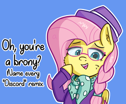 Size: 2594x2139 | Tagged: safe, artist:artiks, fluttershy, pegasus, pony, g4, alternate hairstyle, dialogue, female, high res, hipstershy, mare, meme, oh so you like x? name every y, simple background, smug, solo