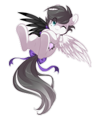 Size: 923x1200 | Tagged: safe, artist:loyaldis, oc, oc only, oc:snow bright, pegasus, pony, amputee, artificial wings, augmented, blue eyes, bow, cute, cutie mark, female, flying, grey hair, mare, mechanical wing, one eye closed, owner:xheotris, pegasus oc, prosthetic limb, prosthetic wing, prosthetics, short hair, simple background, tail bow, transparent background, white outline, wings, wink