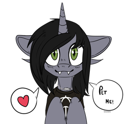 Size: 4000x4000 | Tagged: safe, artist:unawe, pony, unicorn, bust, clothes, commission, disguise, disguised siren, fangs, hair over one eye, horn, jewelry, kellin quinn, looking at you, male, necklace, ponified, shirt, simple background, sleeping with sirens, slit pupils, smiling, solo, speech bubble, stallion, t-shirt, transparent background, ych result
