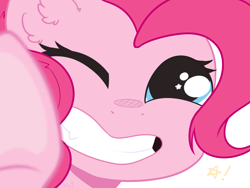Size: 1600x1200 | Tagged: safe, artist:kebchach, pinkie pie, earth pony, pony, g4, against glass, bust, cute, diapinkes, ear fluff, female, glass, looking at you, mare, one eye closed, portrait, simple background, smiling, solo, starry eyes, stars, underhoof, white background, wingding eyes, wink