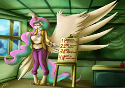 Size: 2829x2000 | Tagged: safe, artist:jamescorck, princess celestia, principal celestia, alicorn, anthro, unguligrade anthro, equestria girls, g4, apple, blushing, breast expansion, breasts, busty princess celestia, chalkboard, classroom, cleavage, clothes, clothing damage, desk, easel, equestria girls outfit, female, food, growth, high res, human to anthro, midriff, short shirt, solo, surprised, transformation, window, wings