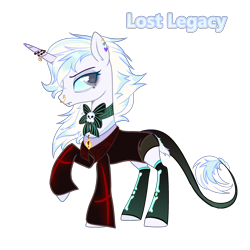 Size: 2500x2500 | Tagged: safe, artist:bublebee123, oc, oc only, oc:lost legacy (ice1517), pony, unicorn, bone, bowtie, clothes, coat, collar, colored sclera, ear piercing, earring, eyeshadow, female, high res, horn, horn jewelry, jewelry, leonine tail, makeup, mare, nose piercing, nose ring, piercing, raised hoof, shirt, shorts, simple background, skull, snake bites, socks, solo, stockings, t-shirt, thigh highs, transparent background