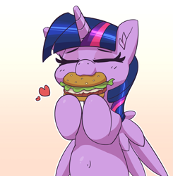 Size: 2561x2617 | Tagged: safe, artist:pabbley, twilight sparkle, alicorn, pony, g4, belly button, burger, chubby, chubby cheeks, cute, ear fluff, eating, eyes closed, female, food, happy, heart, high res, mare, meat, nom, ponies eating meat, smiling, solo, that pony sure does love burgers, true love, twiabetes, twilight burgkle, twilight sparkle (alicorn)
