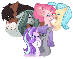 Size: 2240x1800 | Tagged: safe, artist:purplegrim40, marble pie, maud pie, pinkie pie, princess skystar, starlight glimmer, trouble shoes, earth pony, hippogriff, pony, unicorn, g4, my little pony: the movie, blushing, bust, crack shipping, cute, eyes closed, female, horn, lesbian, male, marblebetes, marbleshoes, ship:skypie, shipping, simple background, skyabetes, smiling, starmaud, straight, transparent background, troublebetes