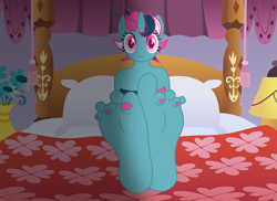 Size: 1920x1396 | Tagged: safe, artist:vibronbin13, fizzy, twinkle eyed pony, unicorn, anthro, plantigrade anthro, g1, g4, barefoot, bed, bra, clothes, feet, female, fetish, foot fetish, foot focus, g1 to g4, generation leap, mare, soles, solo, toenails, toes, underwear, wiggling toes