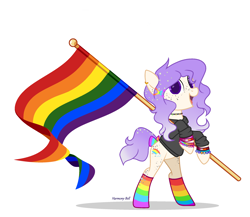 Size: 2550x2210 | Tagged: safe, artist:froggy111, oc, oc only, oc:maxie (ice1517), earth pony, pony, bipedal, bow, bracelet, choker, clothes, ear piercing, earring, female, flag, freckles, gay pride, gay pride flag, hairclip, high res, hoodie, jewelry, lesbian pride flag, mare, open mouth, piercing, pride, pride flag, pride socks, rainbow socks, simple background, socks, solo, striped socks, tail bow, white background, wristband, ych result