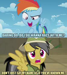 Size: 1280x1440 | Tagged: safe, edit, edited screencap, screencap, daring do, rainbow dash, earth pony, pegasus, pony, daring doubt, g4, the cutie re-mark, caption, confused, female, filly, hoof on chest, image macro, mare, meme, spread wings, text, wings