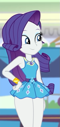 Size: 299x630 | Tagged: safe, edit, edited screencap, screencap, rarity, dashing through the mall, equestria girls, equestria girls specials, g4, my little pony equestria girls: better together, my little pony equestria girls: holidays unwrapped, armpits, beautiful, beautisexy, canterlot mall, clothes, cropped, geode of shielding, magical geodes, partial nudity, partial nudity edit, rarity peplum dress, sexy, smiling, thighs