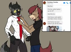 Size: 1045x768 | Tagged: safe, artist:arrwulf, oc, earth pony, hyena, anthro, aggretsuko, clothes, crossover, dressing, eyes closed, haida, male, necktie, sanrio, suit, wide eyes