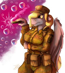 Size: 1334x1500 | Tagged: safe, artist:jamescorck, derpy hooves, anthro, g4, angry hooves, annoyed, breasts, bubble, busty derpy hooves, cigar, female, military uniform, officer, smoking, solo