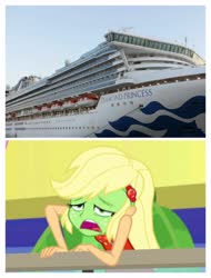 Size: 3106x4096 | Tagged: safe, edit, edited screencap, screencap, applejack, equestria girls, g4, spring breakdown, boat, coronavirus, covid-19, cruise, cruise ship, diamond princess, female, freckles, green face, japan, nausea, nauseous, photo, seasickness, solo, this will not end well, we are going to hell