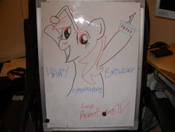 Size: 2828x2121 | Tagged: safe, artist:evamonkey, oc, oc only, oc:karma, pony, unicorn, anniversary, arms in the air, cake, cutie mark, female, food, happy birthday, high res, irl, lineart, mare, marker drawing, photo, ponified, reddit, solo, traditional art, whiteboard