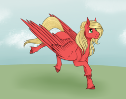 Size: 640x504 | Tagged: safe, artist:caff, oc, pegasus, pony, female, happy, red, simple background, wings
