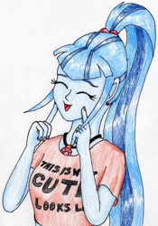 Size: 1698x2430 | Tagged: safe, artist:40kponyguy, derpibooru exclusive, sonata dusk, equestria girls, g4, clothes, cute, eyes closed, female, happy, midriff, ponytail, short shirt, simple background, solo, sonatabetes, traditional art, white background