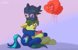 Size: 4096x2622 | Tagged: safe, artist:avery-valentine, oc, oc only, oc:aura skye, oc:evergreen feathersong, earth pony, pegasus, pony, unicorn, balloon, eye clipping through hair, heart balloon, oc x oc, open mouth, shipping, smiling, ych result