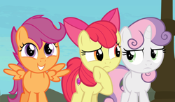 Size: 1599x937 | Tagged: safe, screencap, apple bloom, scootaloo, sweetie belle, g4, surf and/or turf, cropped, cutie mark crusaders, female, smiling, trio