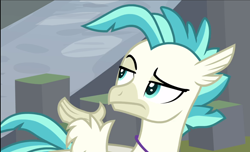 Size: 1542x935 | Tagged: safe, screencap, terramar, classical hippogriff, hippogriff, g4, surf and/or turf, claws, cropped, frown, male, raised arm, raised eyebrow, solo, talons, teenager, terramar is not amused, unamused