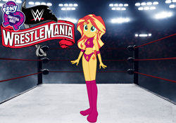 Size: 2500x1750 | Tagged: safe, artist:marcusvanngriffin, edit, sunset shimmer, equestria girls, g4, boots, clothes, cutie mark, cutie mark on clothes, cutie mark on equestria girl, elbow pads, equestria girls logo, female, knee pads, shoes, solo, sports, sports bra, sports panties, wrestlemania, wrestlemania 36, wrestler, wrestling, wrestling ring