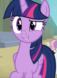Size: 685x938 | Tagged: safe, screencap, twilight sparkle, alicorn, pony, unicorn, g4, surf and/or turf, beach, cropped, female, filly, folded wings, grin, mare, raised eyebrow, smiling, solo focus, twilight sparkle (alicorn), wings