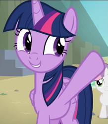 Size: 817x939 | Tagged: safe, screencap, sweetie belle, twilight sparkle, alicorn, pony, g4, surf and/or turf, cropped, cute, female, solo focus, twiabetes, twilight sparkle (alicorn), waving